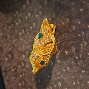 Kenneth J Lane Goldtone Rhinestone Green Eyes Sitting Bird.